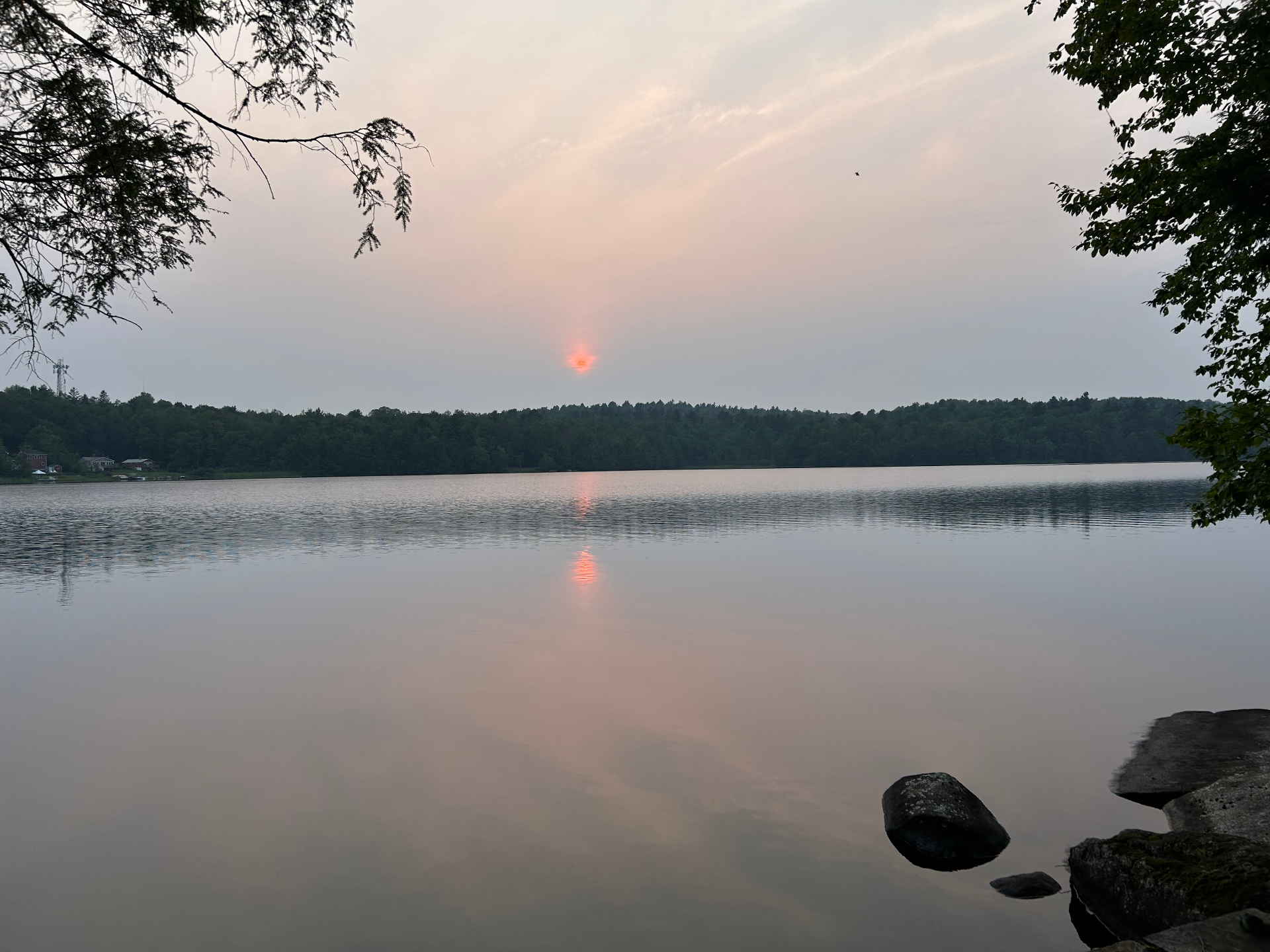 Sunset over a calm lake with trees on the far shore